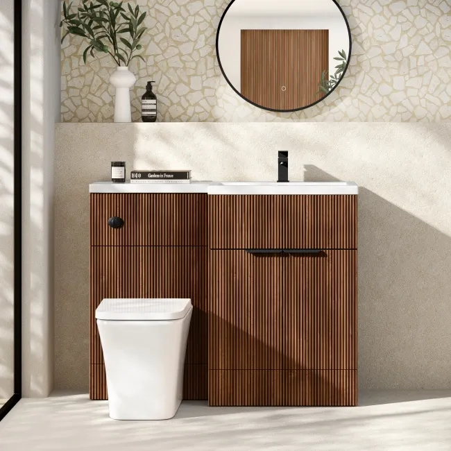 Havana Fluted Black Walnut Combination Vanity Basin and Houston Toilet 1100mm - Black Accents - Right Handed