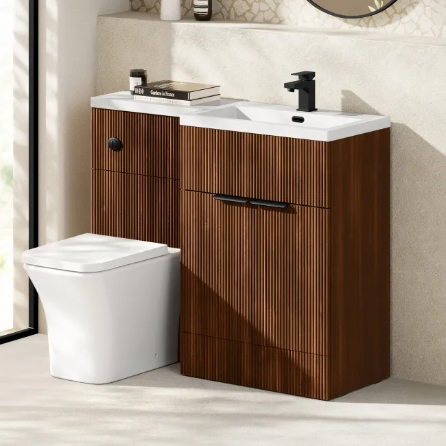 Havana Fluted Black Walnut Combination Vanity Basin and Houston Toilet 1100mm - Black Accents - Right Handed