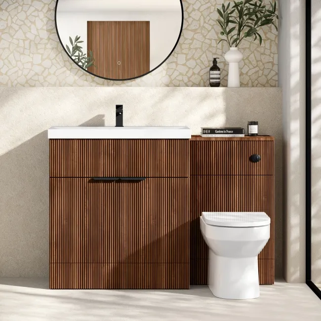 Havana Fluted Black Walnut Combination Vanity Basin and Miami Toilet 1300mm - Black Accents