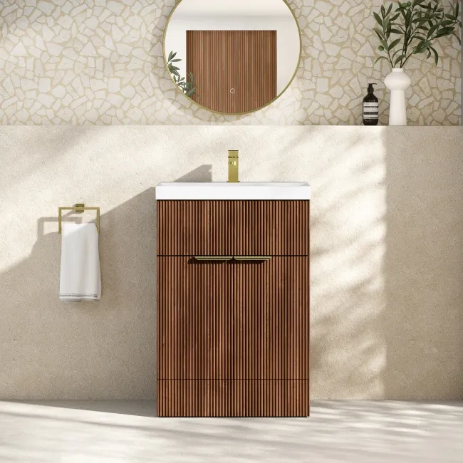 Havana Fluted Black Walnut Basin Vanity 600mm - Brushed Brass Accents