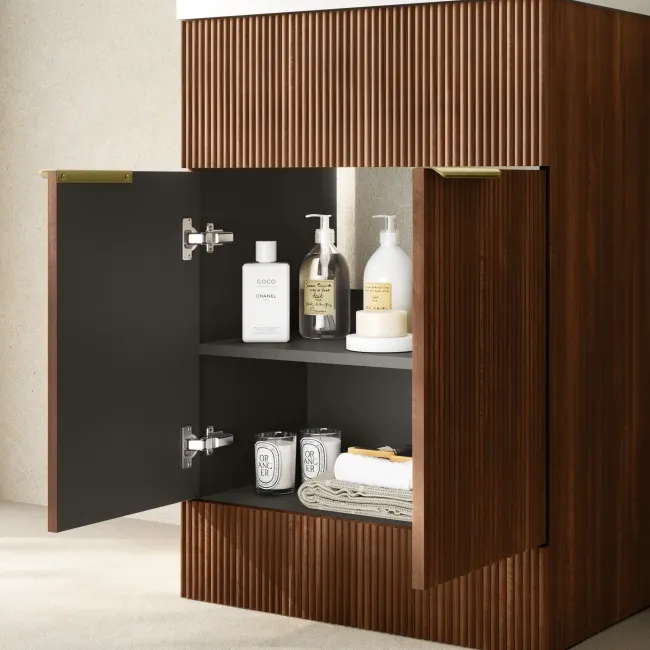 Havana Fluted Black Walnut Basin Vanity 600mm - Brushed Brass Accents