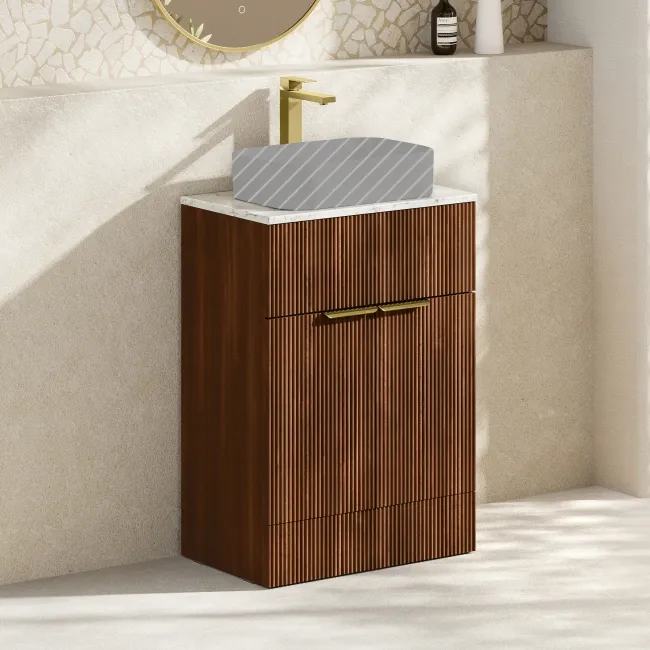 Havana Fluted Black Walnut Cabinet with Marble Top 600mm (Excludes Counter Top Basin) - Brushed Brass Accents
