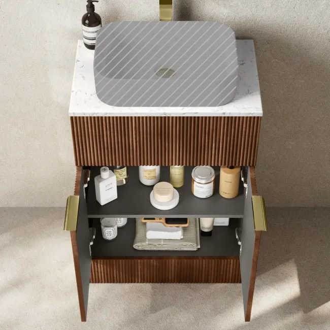 Havana Fluted Black Walnut Cabinet with Marble Top 600mm (Excludes Counter Top Basin) - Brushed Brass Accents