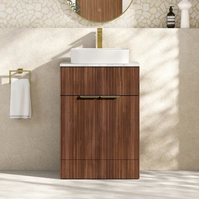 Havana Fluted Black Walnut Cabinet with Marble Top & Marin Basin 600mm - Brushed Brass Accents
