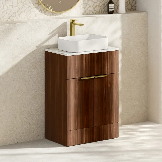 Havana Fluted Black Walnut Cabinet with Marble Top & Marin Basin 600mm - Brushed Brass Accents