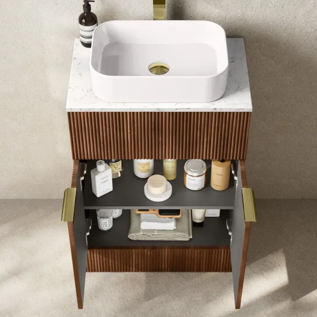 Havana Fluted Black Walnut Cabinet with Marble Top & Marin Basin 600mm - Brushed Brass Accents