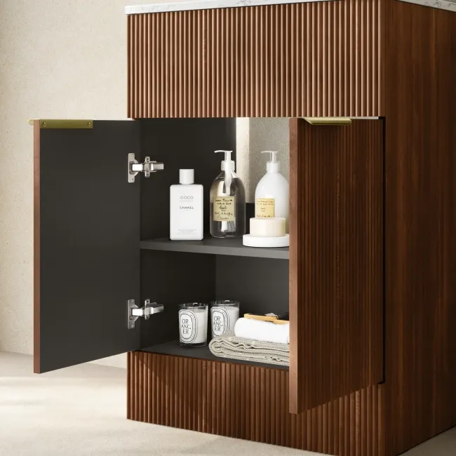 Havana Fluted Black Walnut Cabinet with Marble Top & Marin Basin 600mm - Brushed Brass Accents