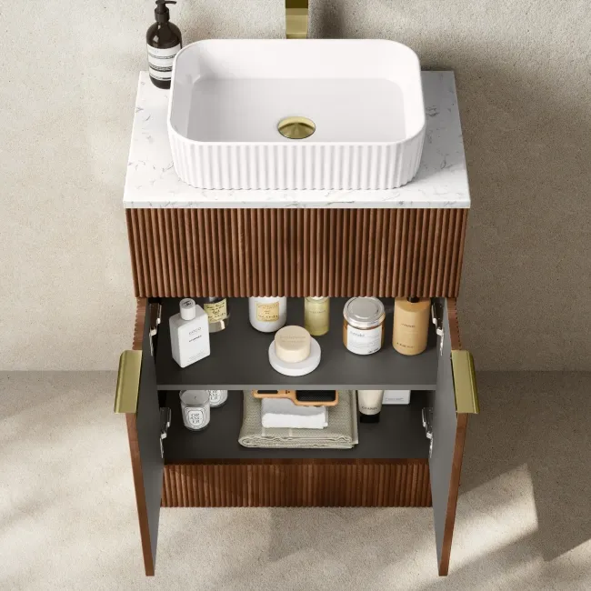 Havana Fluted Black Walnut Cabinet with Marble Top & Reno Basin 600mm - Brushed Brass Accents