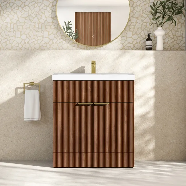 Havana Fluted Black Walnut Basin Vanity 800mm - Brushed Brass Accents