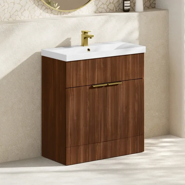 Havana Fluted Black Walnut Basin Vanity 800mm - Brushed Brass Accents