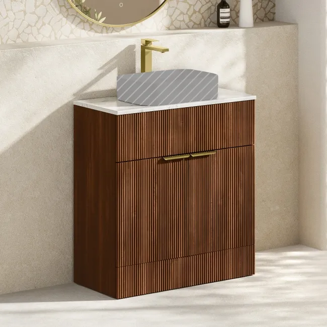 Havana Fluted Black Walnut Cabinet with Marble Top 800mm (Excludes Counter Top Basin) - Brushed Brass Accents