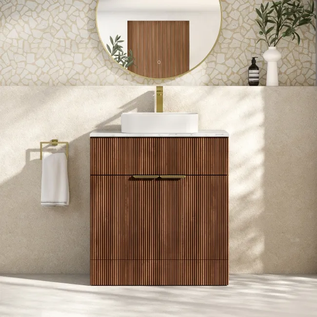 Havana Fluted Black Walnut Cabinet with Marble Top & Marin Basin 800mm - Brushed Brass Accents