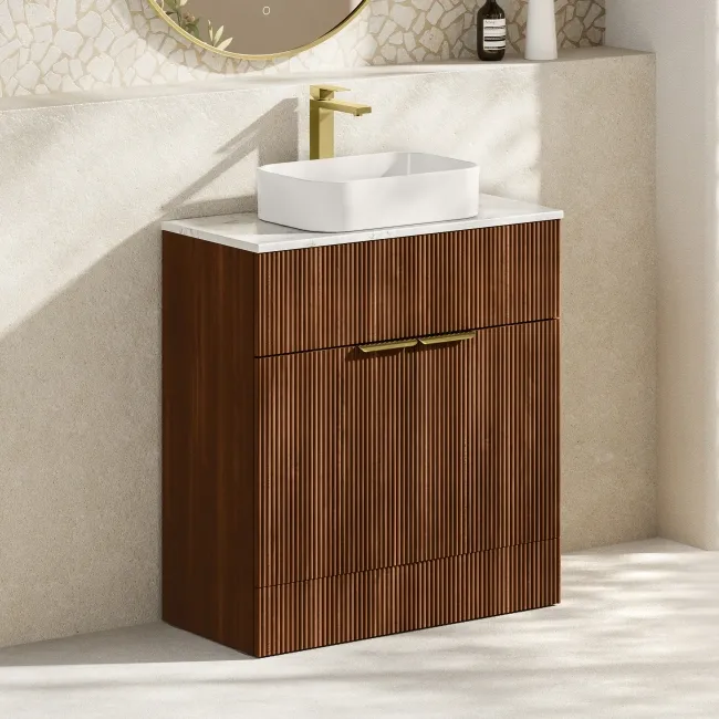 Havana Fluted Black Walnut Cabinet with Marble Top & Marin Basin 800mm - Brushed Brass Accents