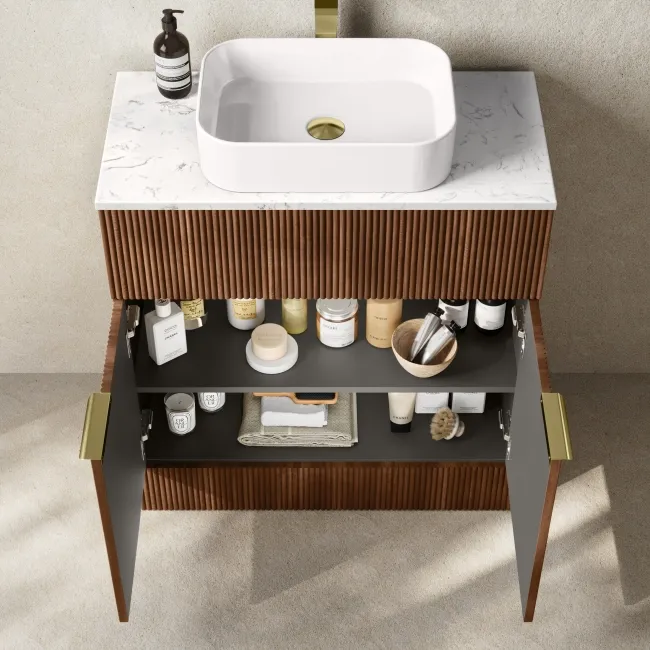 Havana Fluted Black Walnut Cabinet with Marble Top & Marin Basin 800mm - Brushed Brass Accents