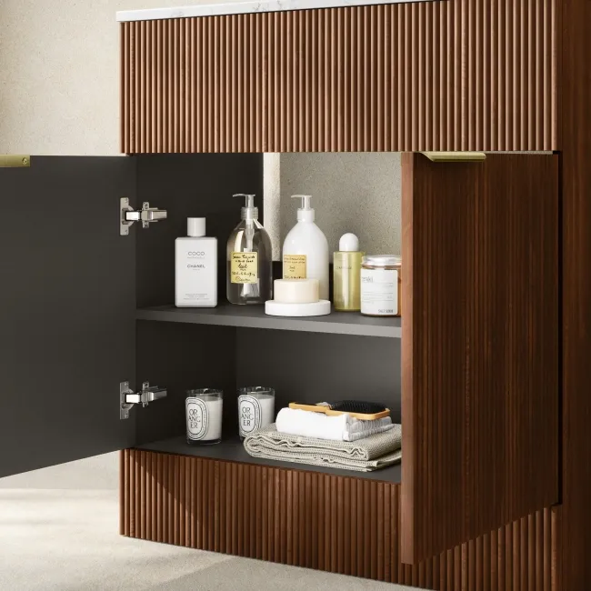 Havana Fluted Black Walnut Cabinet with Marble Top & Marin Basin 800mm - Brushed Brass Accents
