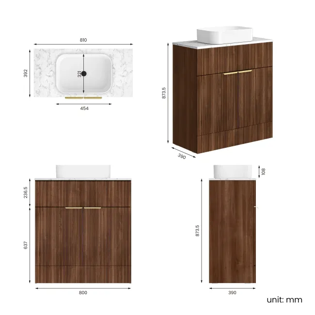 Havana Fluted Black Walnut Cabinet with Marble Top & Marin Basin 800mm - Brushed Brass Accents