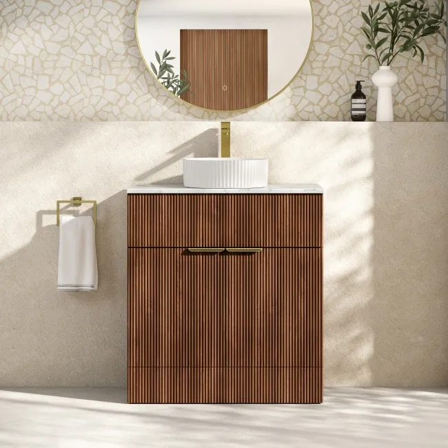Havana Fluted Black Walnut Cabinet with Marble Top & Nevis Basin 800mm - Brushed Brass Accents