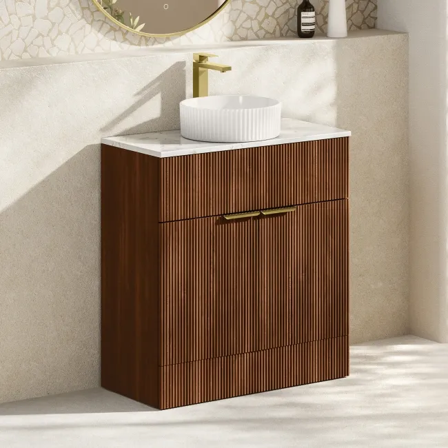Havana Fluted Black Walnut Cabinet with Marble Top & Nevis Basin 800mm - Brushed Brass Accents