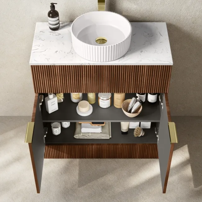 Havana Fluted Black Walnut Cabinet with Marble Top & Nevis Basin 800mm - Brushed Brass Accents