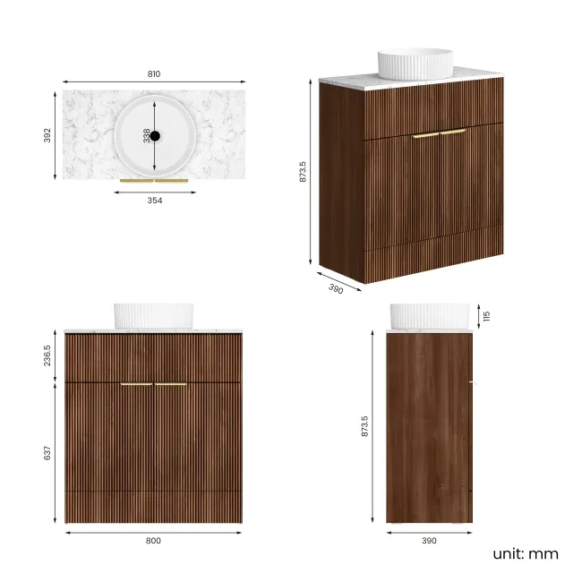 Havana Fluted Black Walnut Cabinet with Marble Top & Nevis Basin 800mm - Brushed Brass Accents