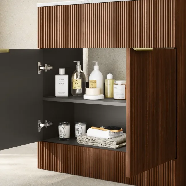 Havana Fluted Black Walnut Cabinet with Marble Top & Reno Basin 800mm - Brushed Brass Accents