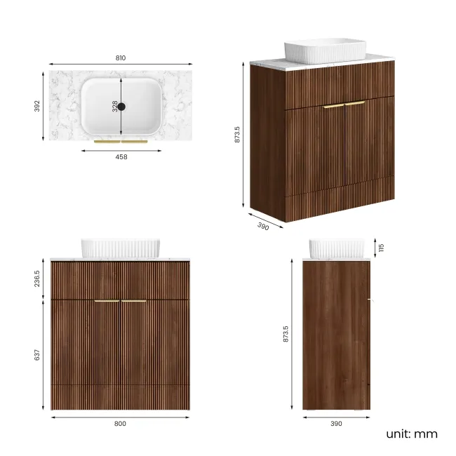 Havana Fluted Black Walnut Cabinet with Marble Top & Reno Basin 800mm - Brushed Brass Accents