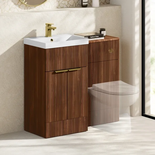 Havana Fluted Black Walnut Basin Vanity and Back To Wall Toilet Unit 1000mm (Excludes Toilet) - Brushed Brass Accents