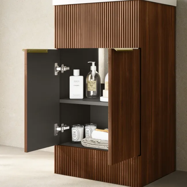 Havana Fluted Black Walnut Basin Vanity and Back To Wall Toilet Unit 1000mm (Excludes Toilet) - Brushed Brass Accents