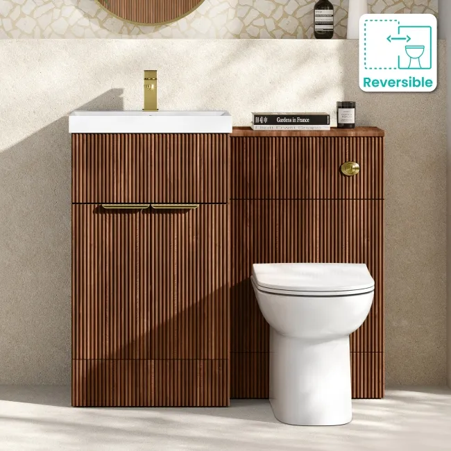 Havana Fluted Black Walnut Combination Vanity Basin and Aruba Toilet 1000mm - Brushed Brass Accents