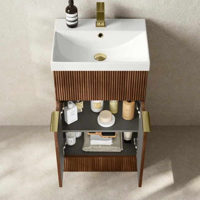 Havana Fluted Black Walnut Combination Vanity Basin and Aruba Toilet 1000mm - Brushed Brass Accents