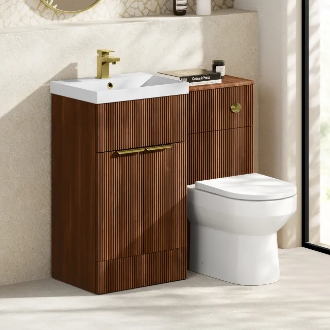 Havana Fluted Black Walnut Combination Vanity Basin and Miami Toilet 1000mm - Brushed Brass Accents