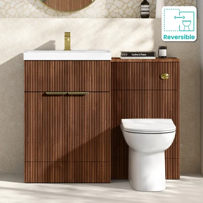 Havana Fluted Black Walnut Combination Vanity Basin and Aruba Toilet 1100mm - Brushed Brass Accents
