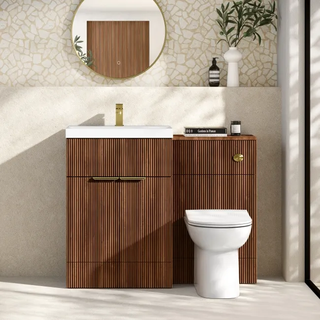 Havana Fluted Black Walnut Combination Vanity Basin and Aruba Toilet 1100mm - Brushed Brass Accents