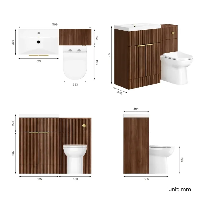 Havana Fluted Black Walnut Combination Vanity Basin and Aruba Toilet 1100mm - Brushed Brass Accents