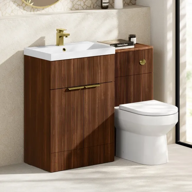 Havana Fluted Black Walnut Combination Vanity Basin and Miami Toilet 1100mm - Brushed Brass Accents