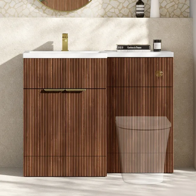 Havana Fluted Black Walnut Basin Vanity and Back To Wall Toilet Unit 1100mm (Excludes Toilet) - Brushed Brass Accents - Left Handed