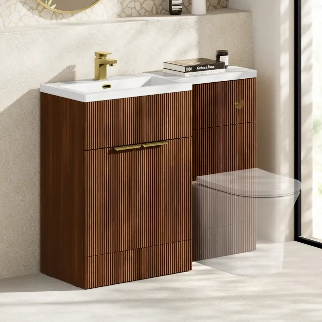 Havana Fluted Black Walnut Basin Vanity and Back To Wall Toilet Unit 1100mm (Excludes Toilet) - Brushed Brass Accents - Left Handed