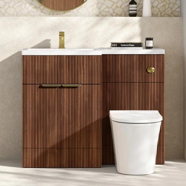Havana Fluted Black Walnut Combination Vanity Basin and Tucson Toilet 1100mm - Brushed Brass Accents - Left Handed