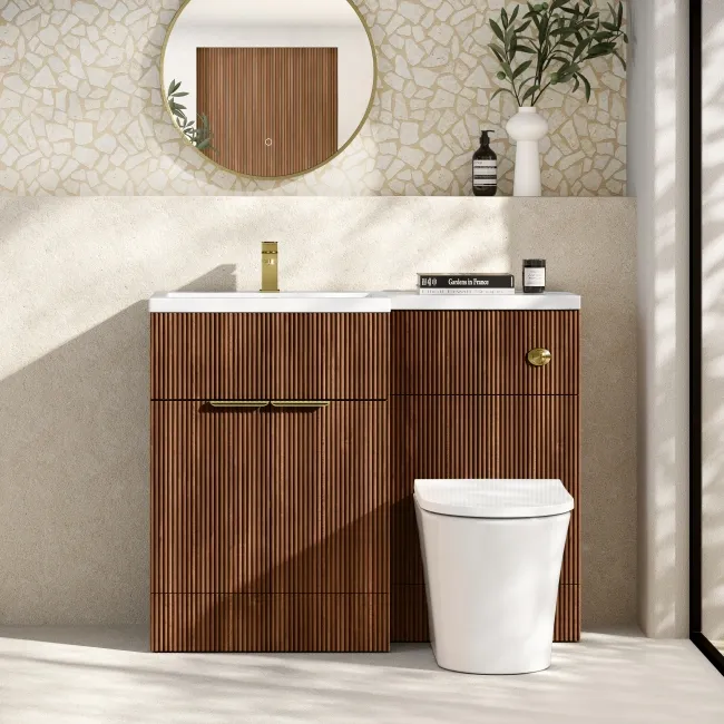 Havana Fluted Black Walnut Combination Vanity Basin and Tucson Toilet 1100mm - Brushed Brass Accents - Left Handed