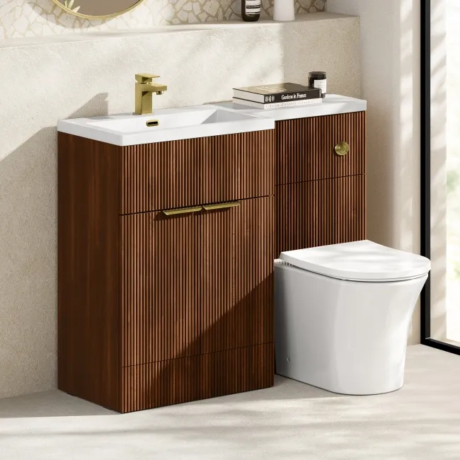 Havana Fluted Black Walnut Combination Vanity Basin and Tucson Toilet 1100mm - Brushed Brass Accents - Left Handed