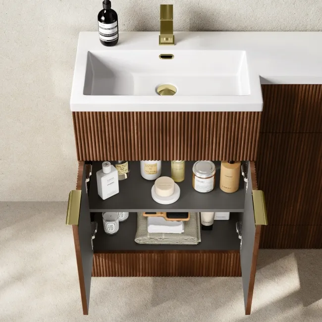 Havana Fluted Black Walnut Combination Vanity Basin and Tucson Toilet 1100mm - Brushed Brass Accents - Left Handed
