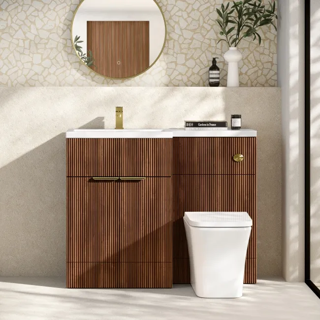 Havana Fluted Black Walnut Combination Vanity Basin and Houston Toilet 1100mm - Brushed Brass Accents - Left Handed
