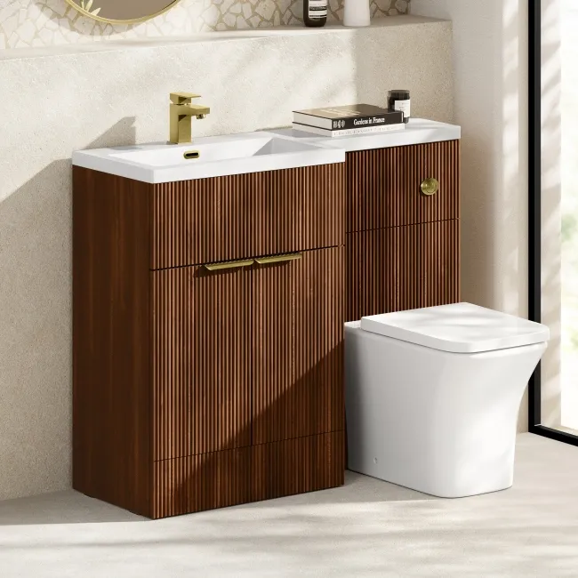 Havana Fluted Black Walnut Combination Vanity Basin and Houston Toilet 1100mm - Brushed Brass Accents - Left Handed