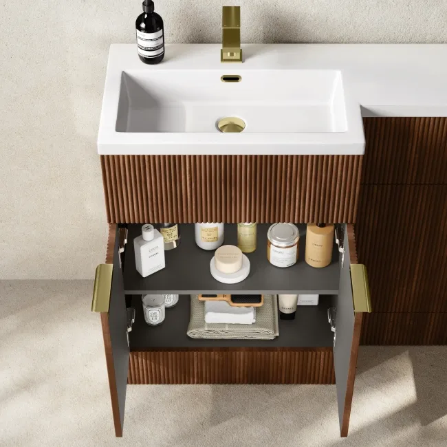 Havana Fluted Black Walnut Combination Vanity Basin and Houston Toilet 1100mm - Brushed Brass Accents - Left Handed