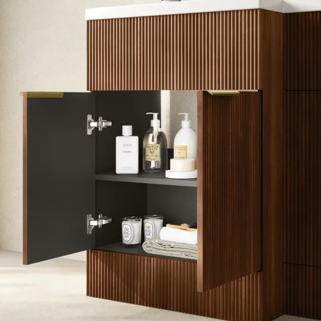 Havana Fluted Black Walnut Combination Vanity Basin and Houston Toilet 1100mm - Brushed Brass Accents - Left Handed