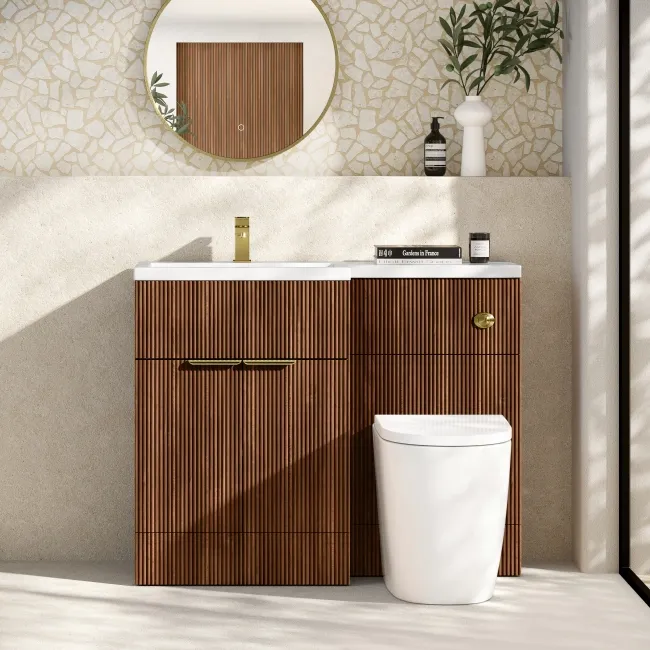 Havana Fluted Black Walnut Combination Vanity Basin and Utah Comfort Height Toilet 1100mm - Brushed Brass Accents - Left Handed