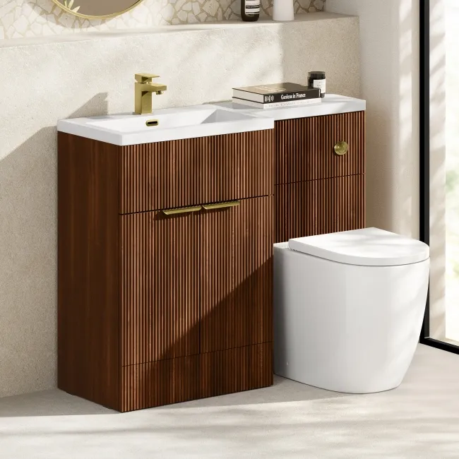 Havana Fluted Black Walnut Combination Vanity Basin and Utah Comfort Height Toilet 1100mm - Brushed Brass Accents - Left Handed