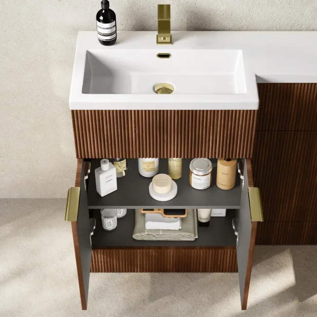 Havana Fluted Black Walnut Combination Vanity Basin and Utah Comfort Height Toilet 1100mm - Brushed Brass Accents - Left Handed