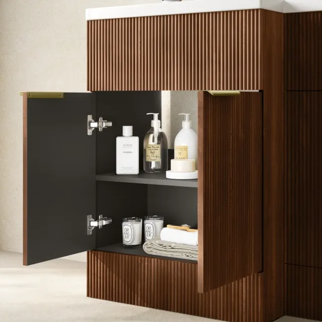 Havana Fluted Black Walnut Combination Vanity Basin and Utah Comfort Height Toilet 1100mm - Brushed Brass Accents - Left Handed