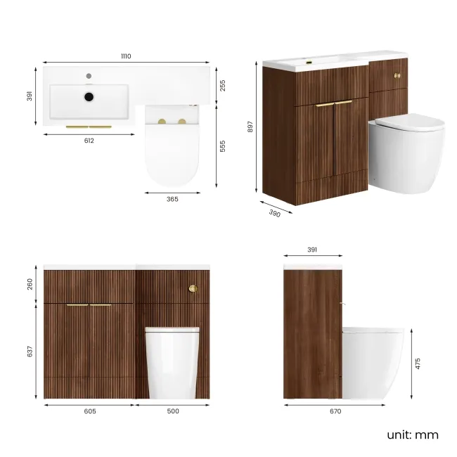 Havana Fluted Black Walnut Combination Vanity Basin and Utah Comfort Height Toilet 1100mm - Brushed Brass Accents - Left Handed